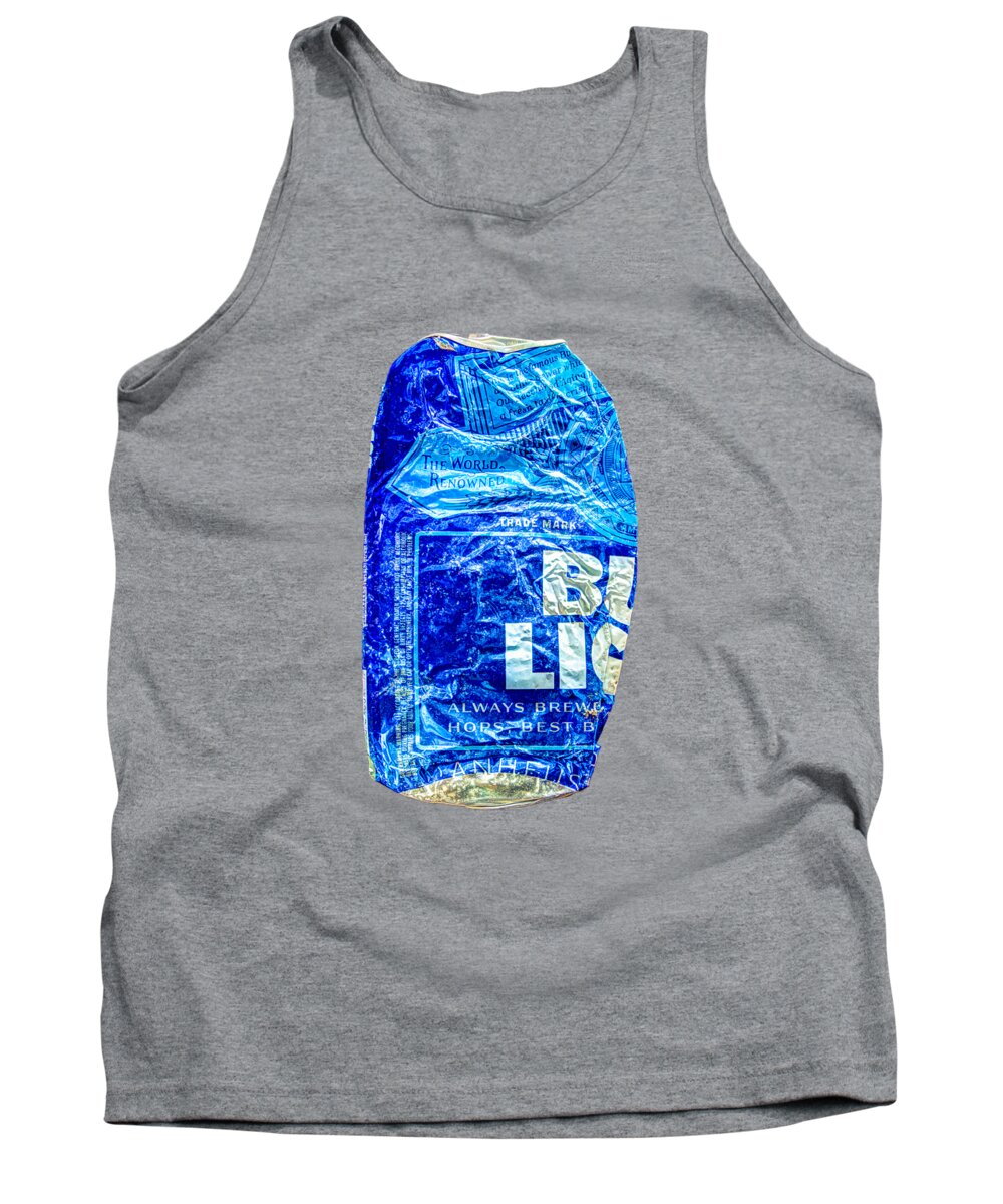 Blue Tank Top featuring the photograph Crushed Blue Beer Can on Plywood by YoPedro