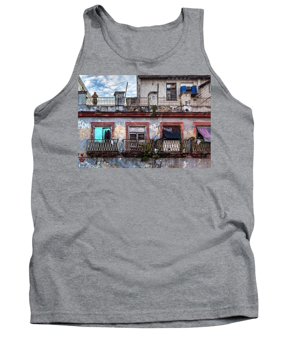 Cuban Woman At Calle Bernaza Havana Cuba Photography By Charles Harden Dilapidated Apartment Building Rusty Balconies Tank Top featuring the photograph Cuban Woman at Calle Bernaza Havana Cuba by Charles Harden