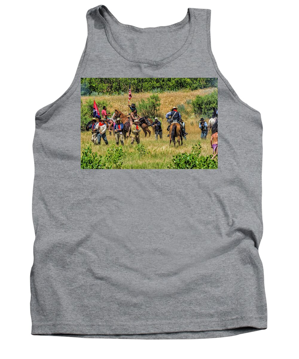 Little Bighorn Re-enactment Tank Top featuring the photograph Custer And His Troops Fighting The Indians 1 by Donald Pash