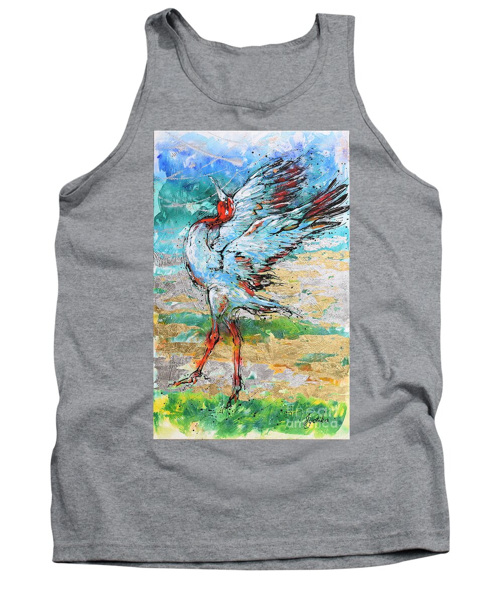 Sarus Cranes In Mating Dance. Birds Tank Top featuring the painting Dancing Crane 2 by Jyotika Shroff