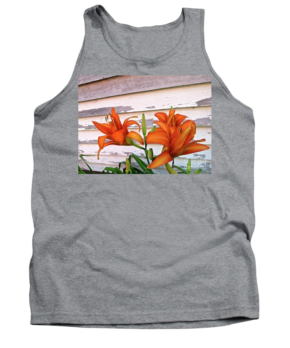 Day Lily Tank Top featuring the photograph Day Lilies And Peeling Paint by Nancy Patterson