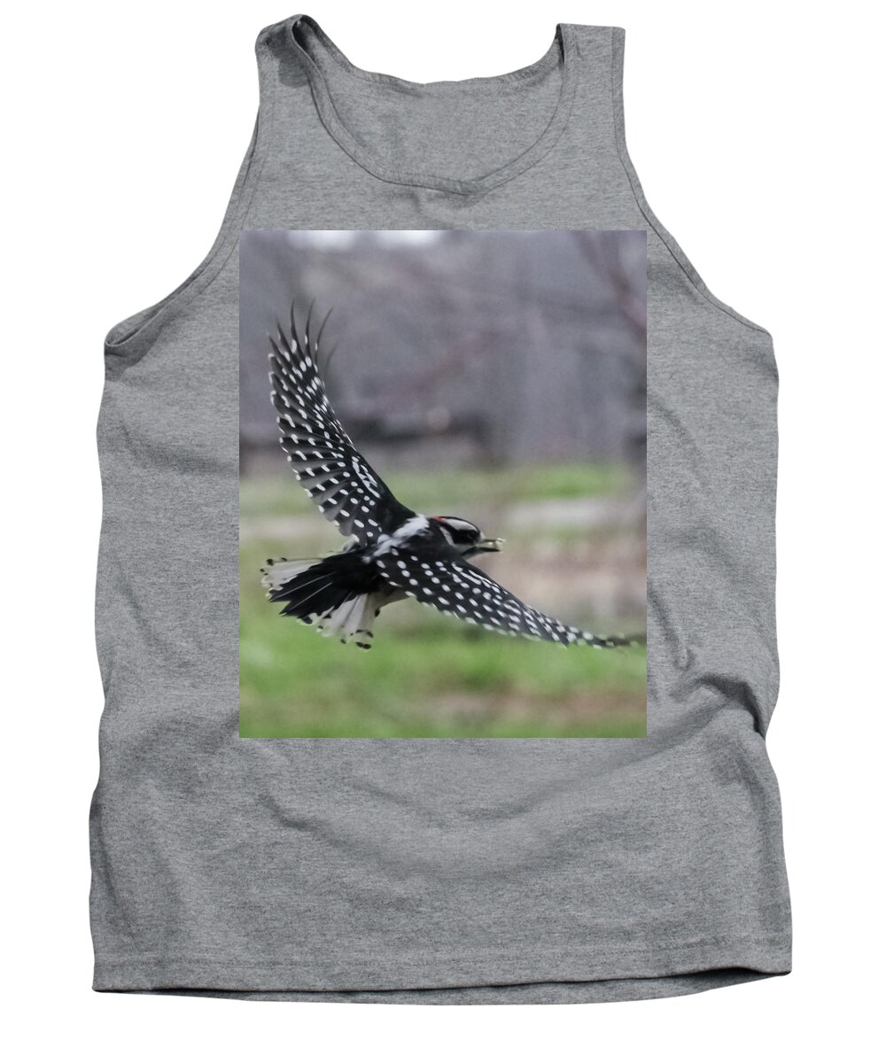 Jan Tank Top featuring the photograph Downy Woodpecker in Flight by Holden The Moment