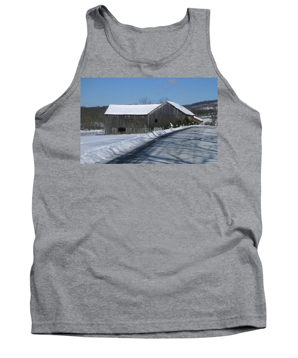 Landscape Of Old Barn On The Road Side Of A Freshly Plowed Country Road. Tank Top featuring the photograph Drive by Delight by Jack Harries