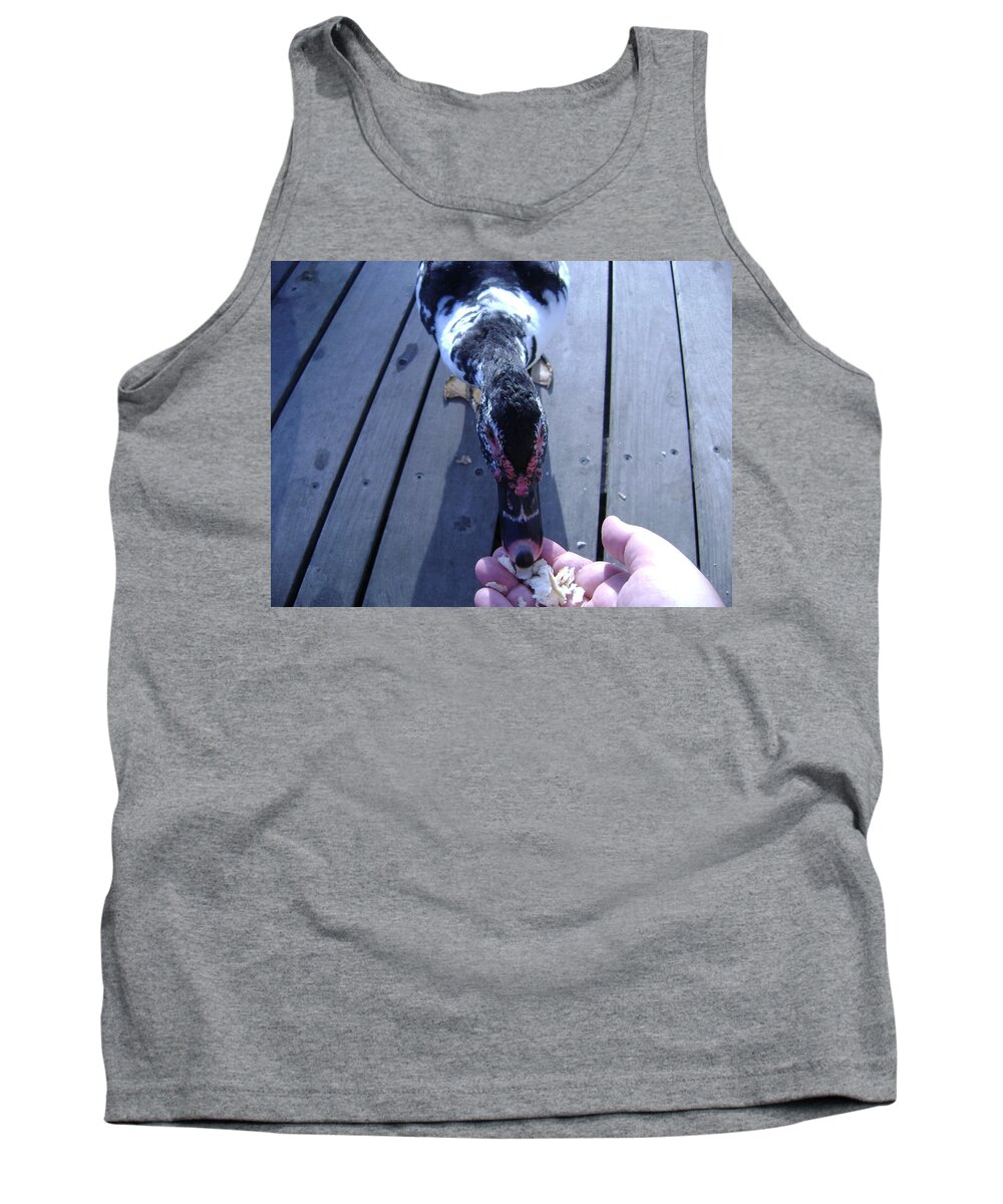 Duck Tank Top featuring the photograph Duck Eating From My Hand by Moshe Harboun