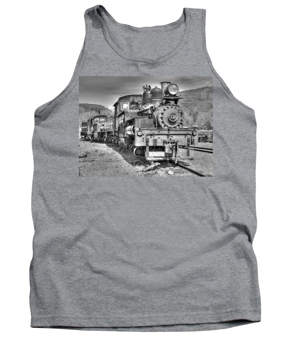 Train Tank Top featuring the photograph Engine 12 Black And White by Lorraine Baum