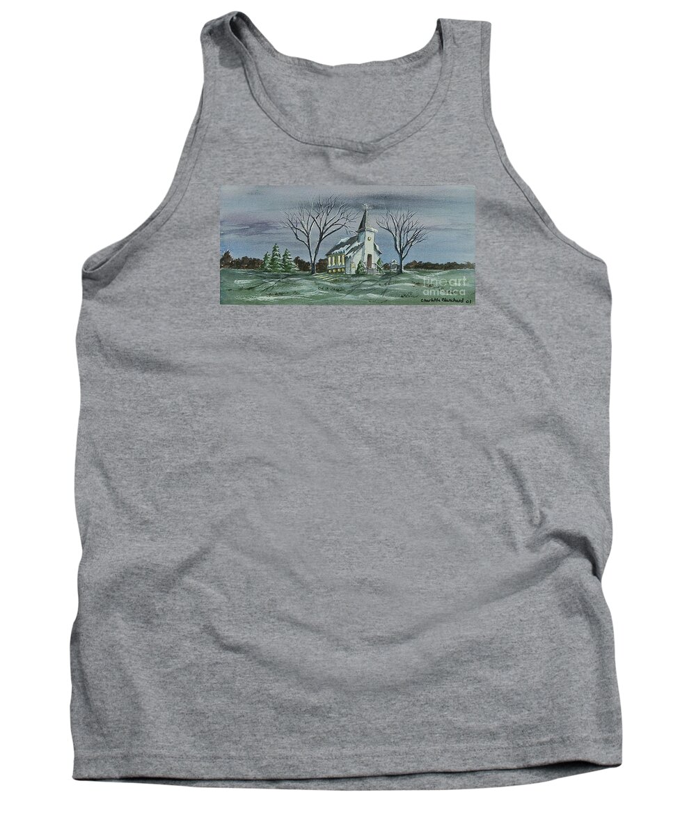 Country Church Painting Tank Top featuring the painting Evening Worship In Winter by Charlotte Blanchard