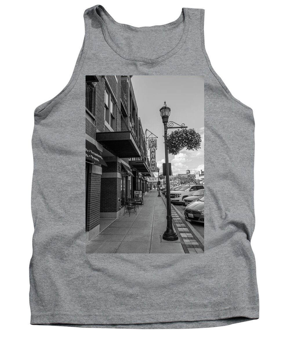 Fargo Tank Top featuring the photograph Fargo Sign and Sidewalk Black and White by John McGraw