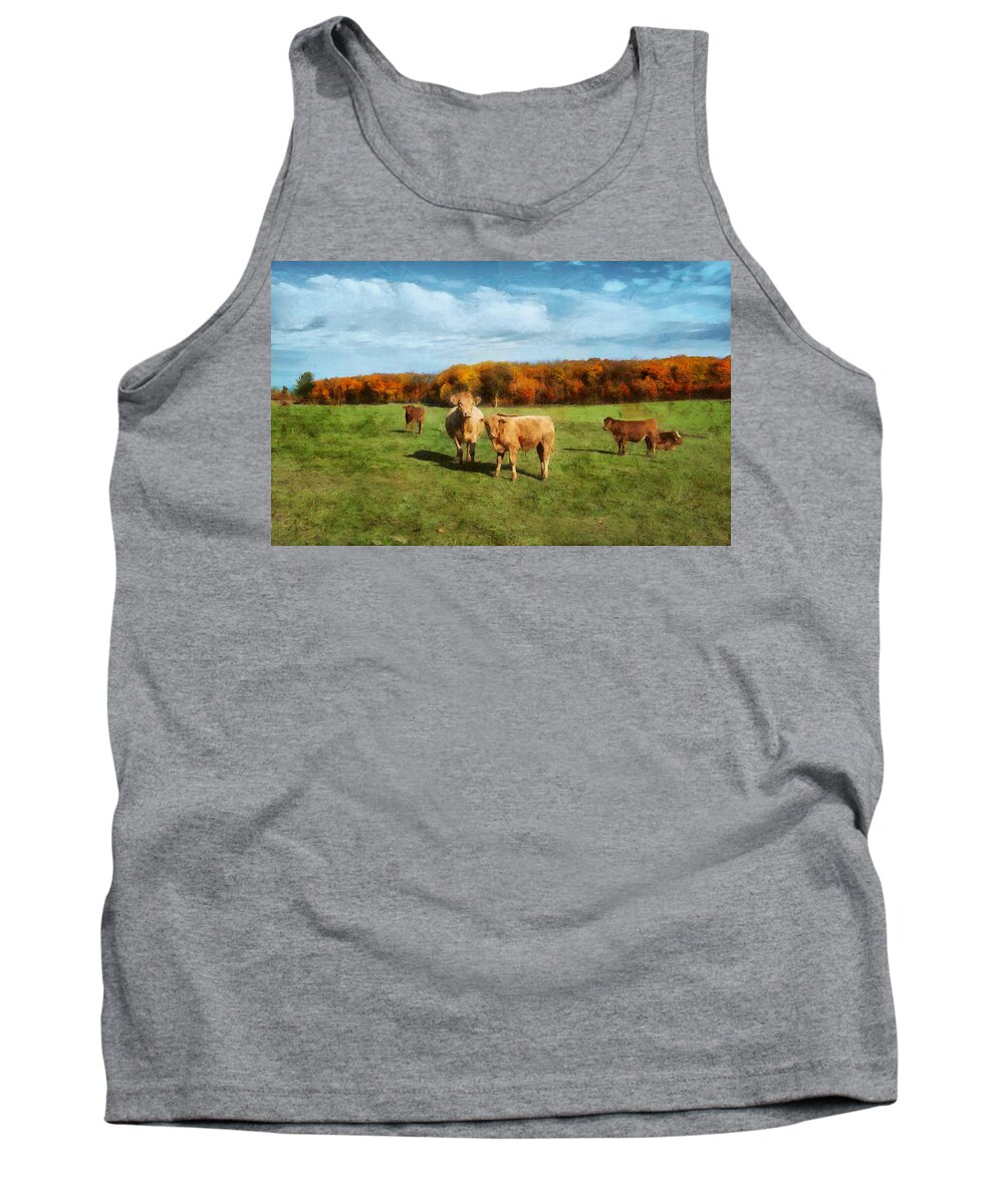 Fields Tank Top featuring the digital art Farm Field and Brown Cows by JGracey Stinson