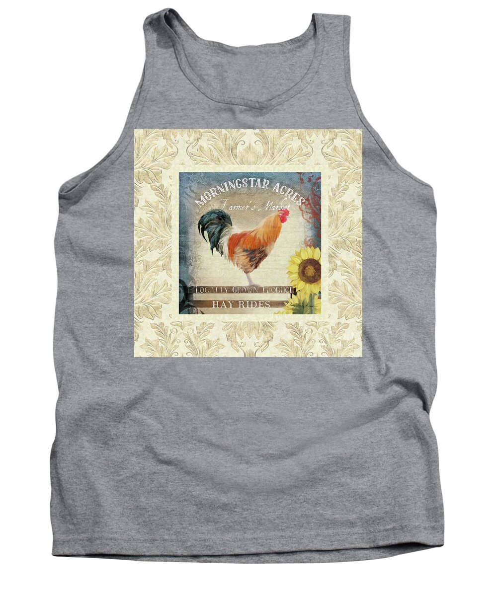 Farm Fresh Tank Top featuring the painting Farm Fresh Damask Barnyard Rooster Sunflower Square by Audrey Jeanne Roberts
