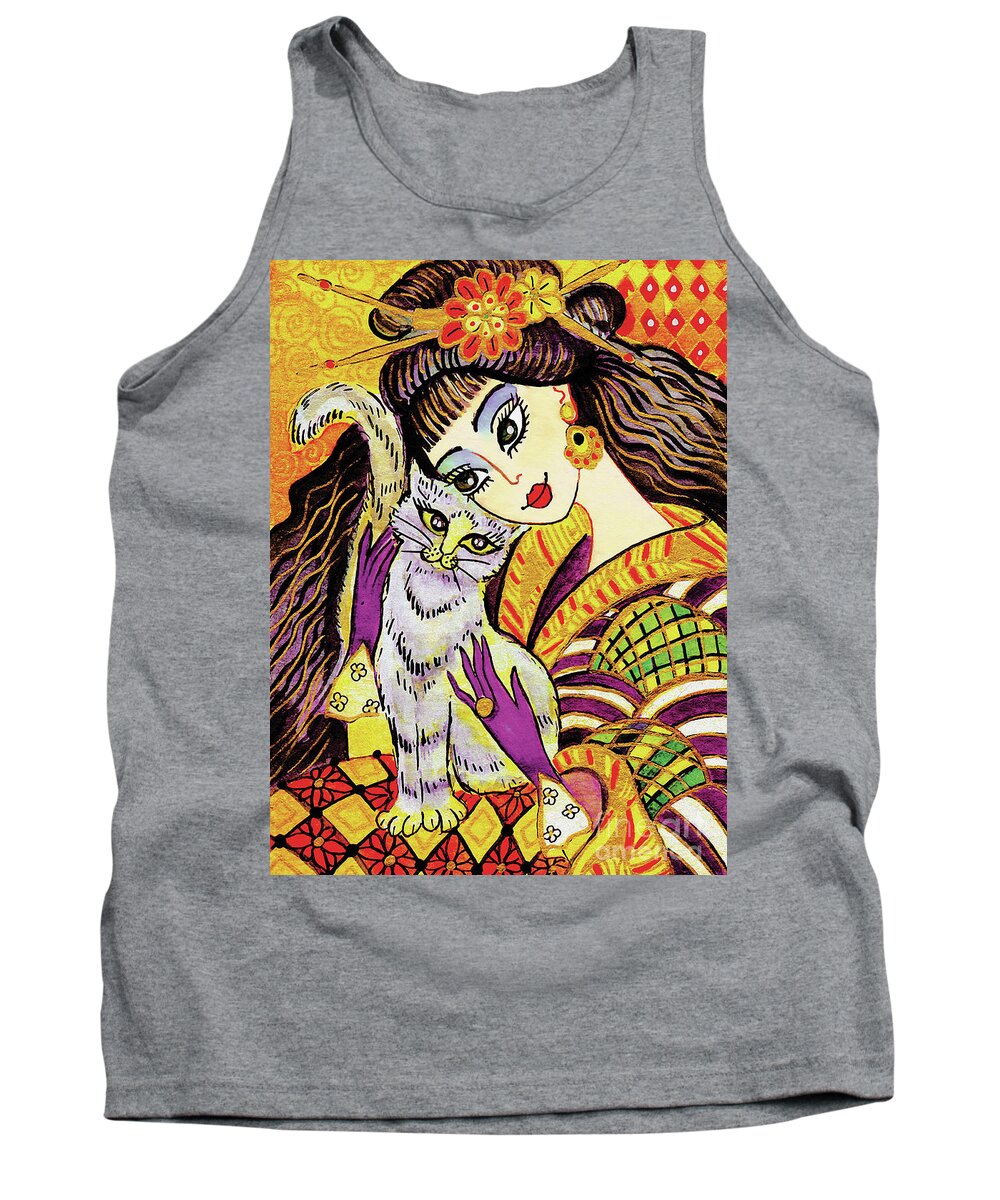 Woman And Cat Tank Top featuring the painting Feline Rhapsody by Eva Campbell
