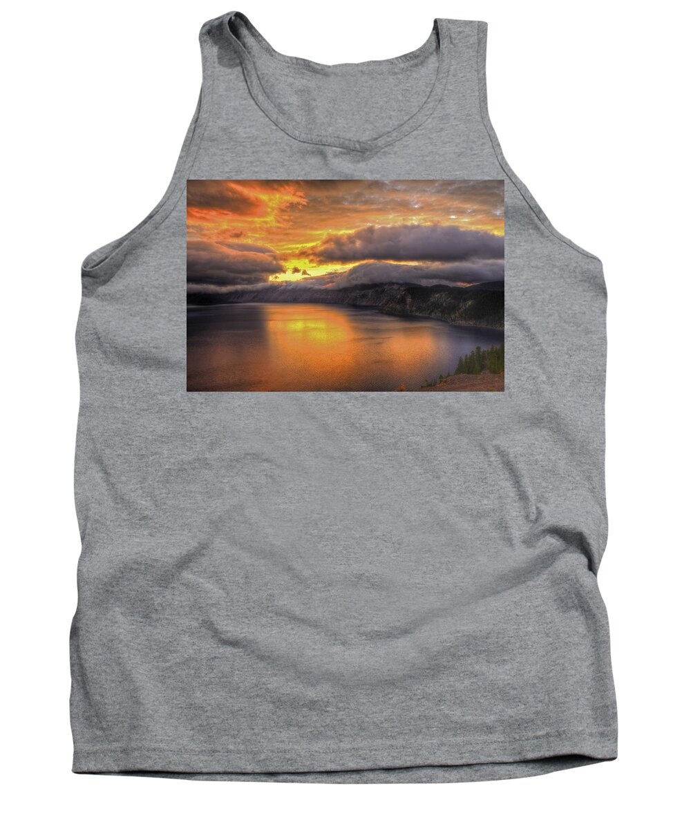 Crater Lake National Park Tank Top featuring the photograph Fire in the Lake #1 by Don Mercer