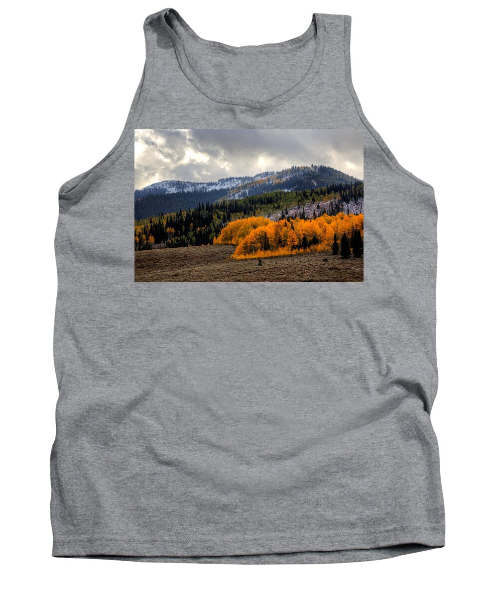 Aspens; Autumn; Changing Seasons; Colors; Fall; Firefall; Landscape; Leaves; Logan Canyon; Mountains; Northern Utah; Snow; Wasatch Mountains; Yellow; Tank Top featuring the photograph Firefall by David Andersen