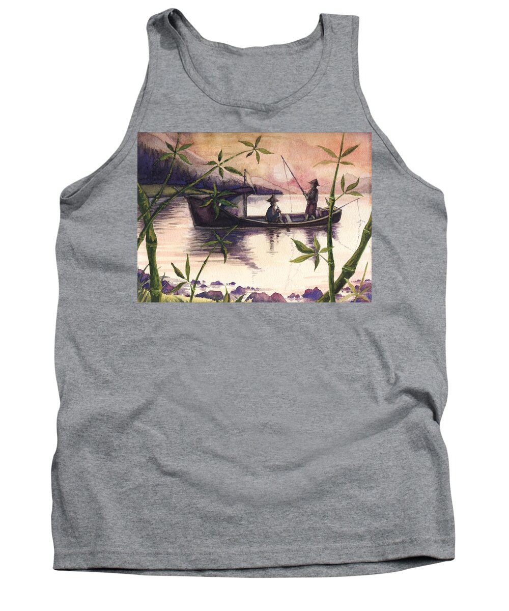 Fishing Tank Top featuring the painting Fishing In The Sunset  by Alban Dizdari
