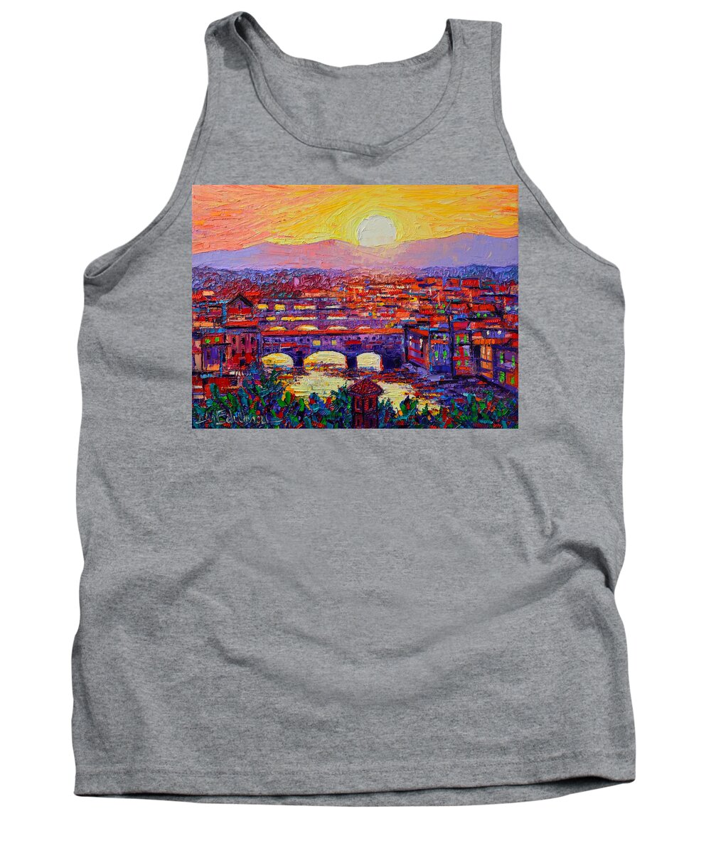 Florence Tank Top featuring the painting Florence Sunset Over Ponte Vecchio Abstract Impressionist Knife Oil Painting By Ana Maria Edulescu by Ana Maria Edulescu