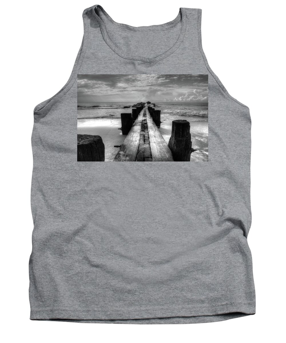 Folly Beach Pilings Tank Top featuring the photograph Folly Beach Pilings Charleston South Carolina In Black and White by Carol Montoya