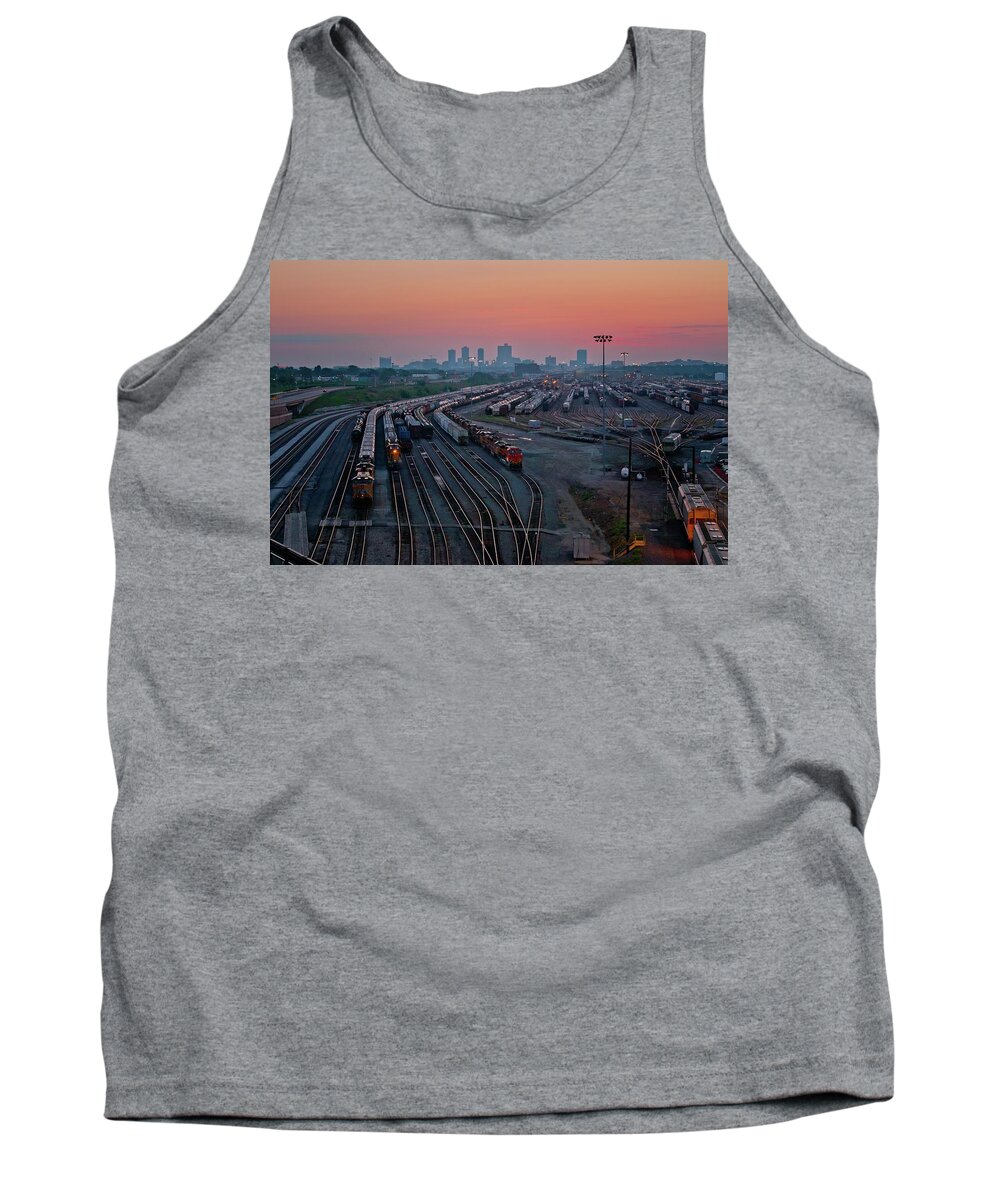 Railyard Tank Top featuring the digital art Fort Worth Trainyards by Linda Unger