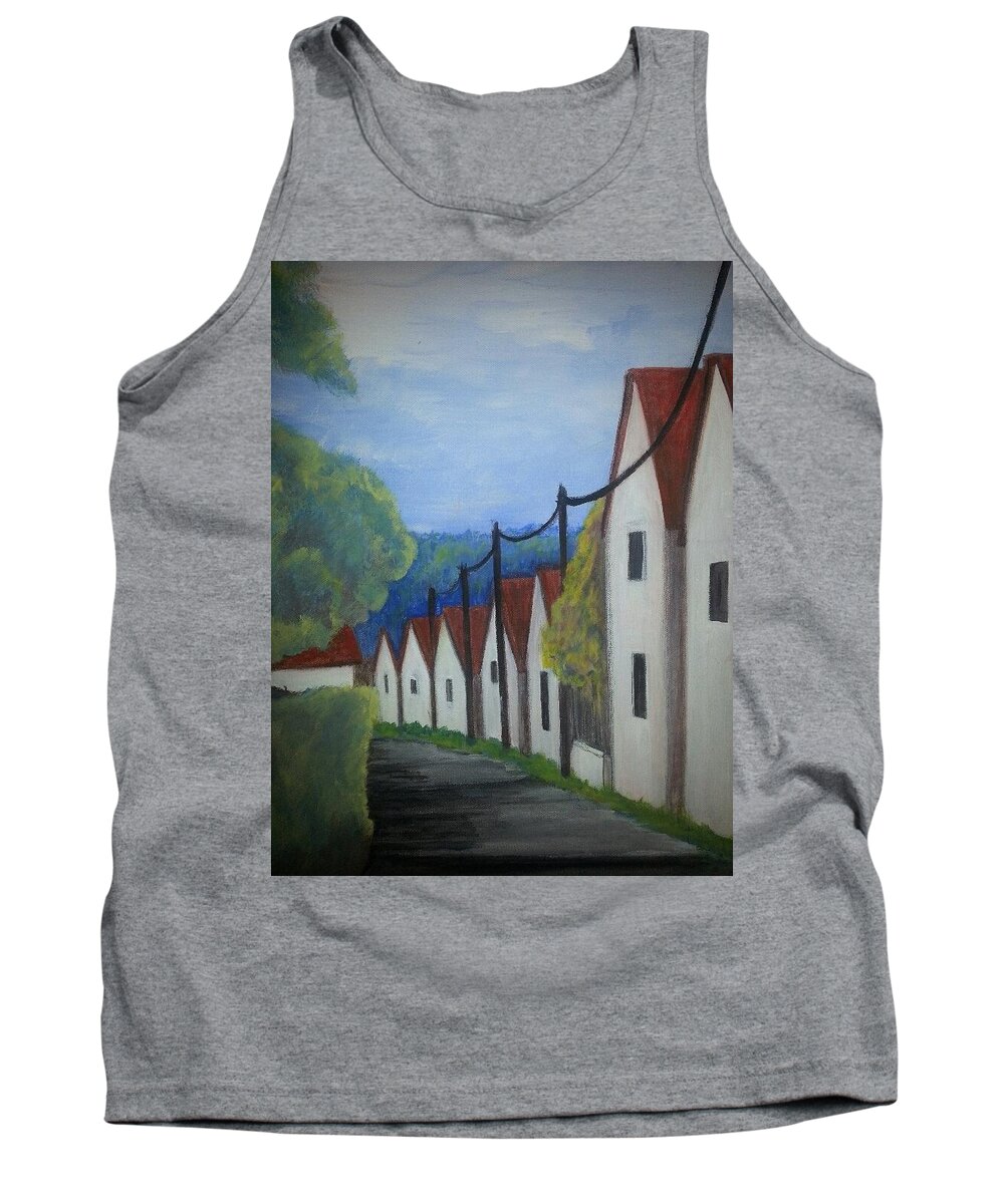 #frenchvillage #acrylicart #artwithhouses #paintingofvillage #abstractartforsale #camvasartprints #originalartforsale #abstractartpaintings Tank Top featuring the painting French Village by Cynthia Silverman