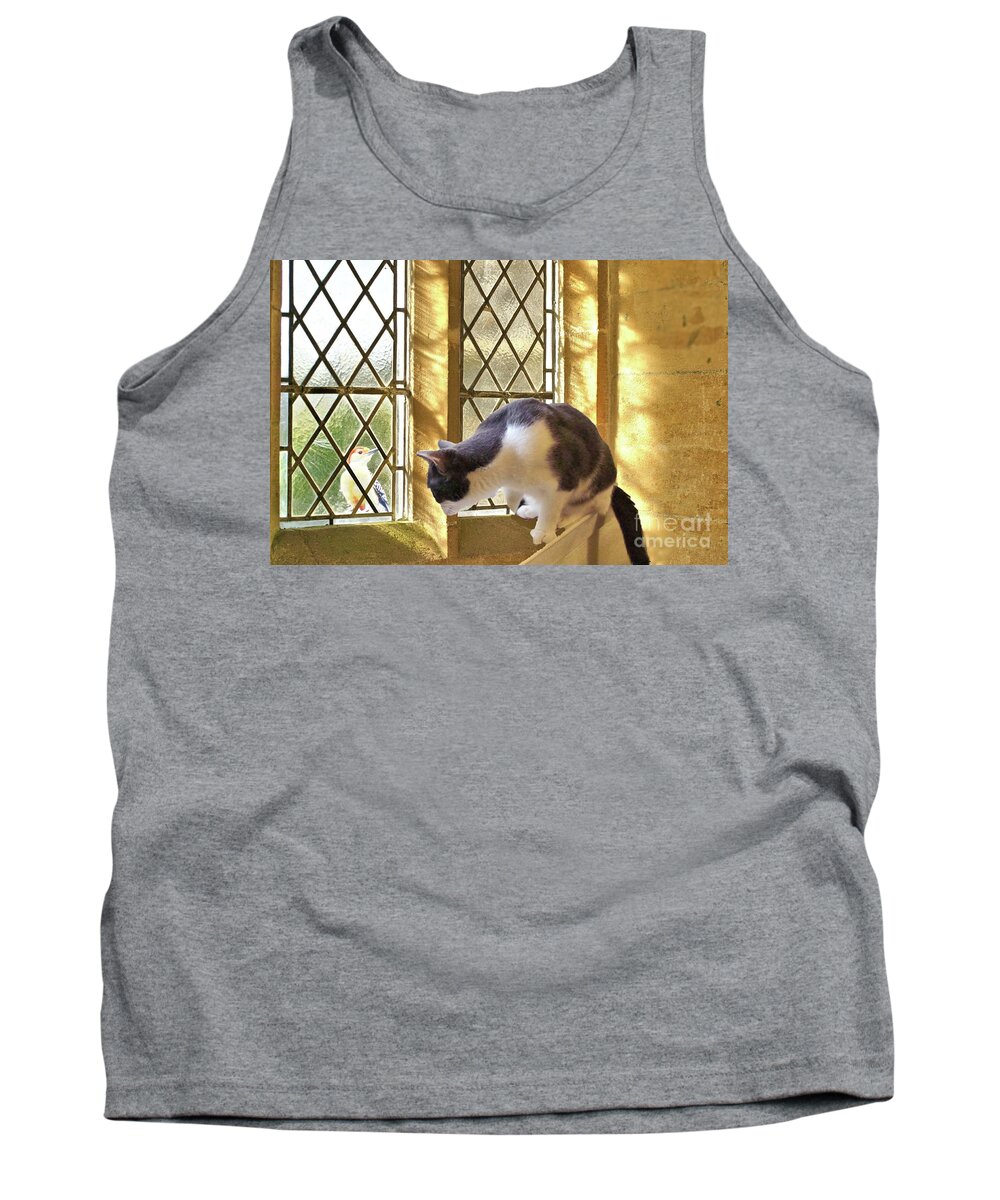 Cat Tank Top featuring the photograph Girlie the Cat Watching the Red Headed Woodpecker by Janette Boyd
