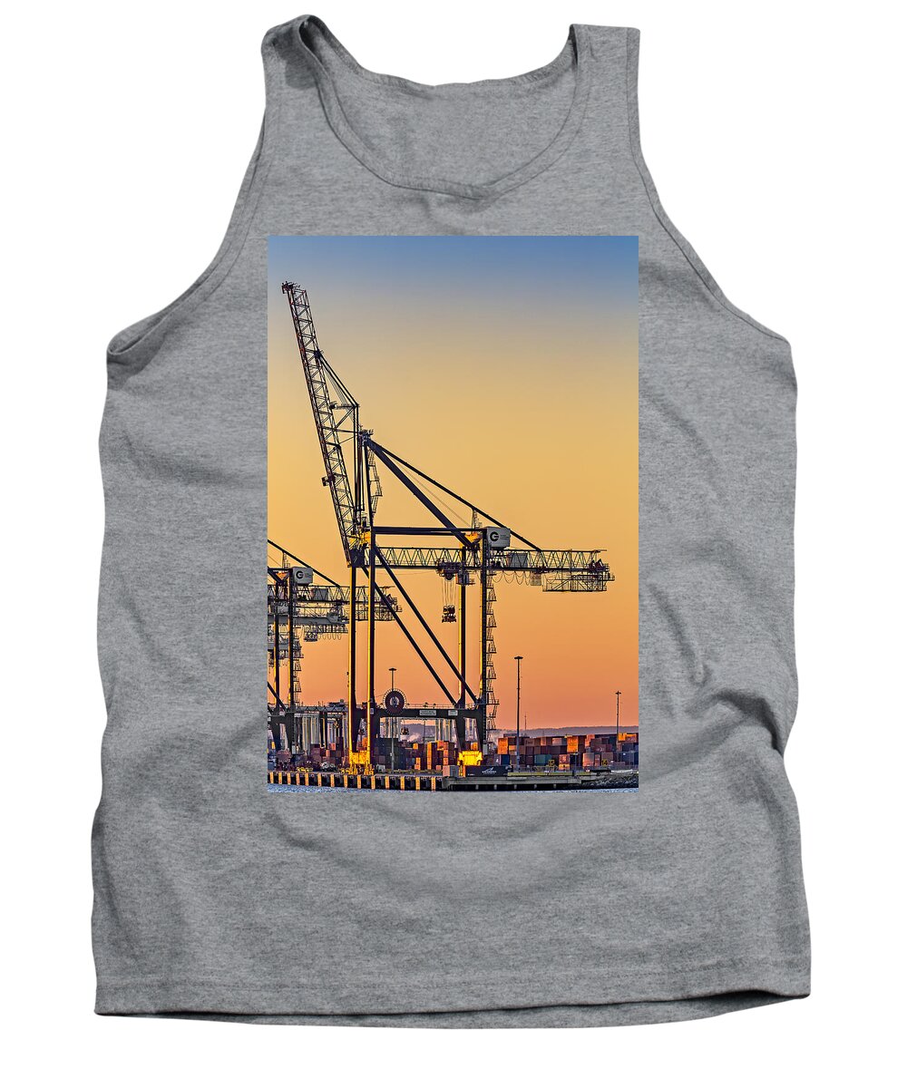 Crane Tank Top featuring the photograph Global Containers Terminal Cargo Freight Cranes by Susan Candelario