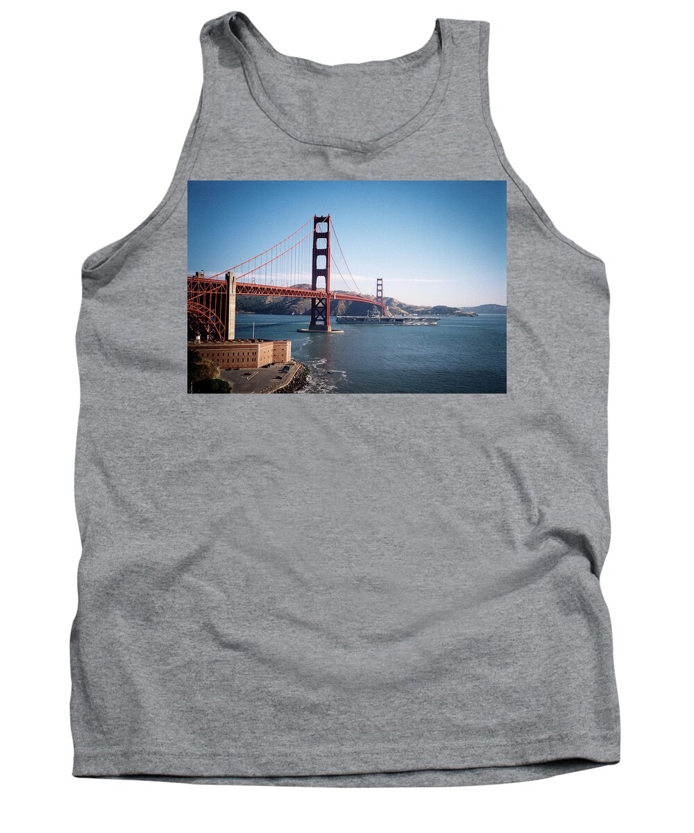America Tank Top featuring the photograph Golden Gate Bridge With Aircraft Carrier by Frank DiMarco