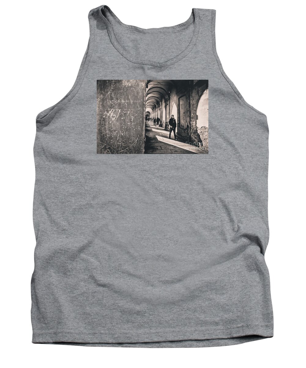 Aged Tank Top featuring the photograph graffiti and tags on San Luca Archway in Bologna by Luca Lorenzelli