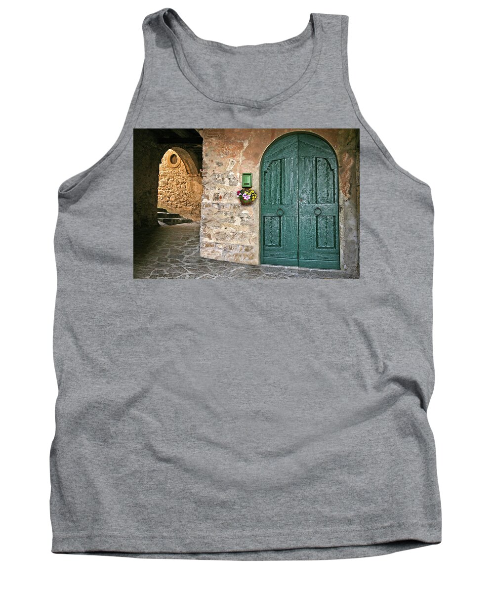 Street View Tank Top featuring the photograph Grand Green Door Montefioralle Tuscany Italy by Lily Malor