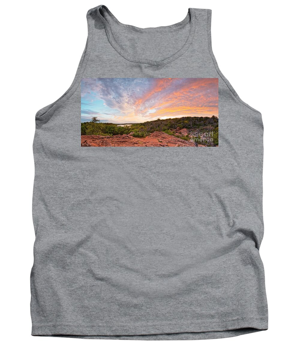 Inks Lake Tank Top featuring the photograph Granite Hills of Inks Lake State Park Against Fiery Sunset - Burnet County Texas Hill Country by Silvio Ligutti