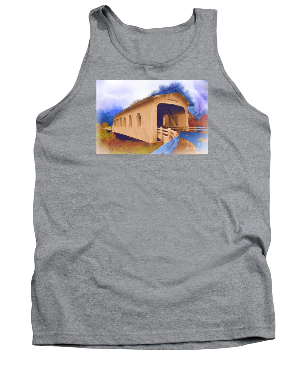 Covered-bridge Tank Top featuring the digital art Grave Creek Covered Bridge In Watercolor by Kirt Tisdale