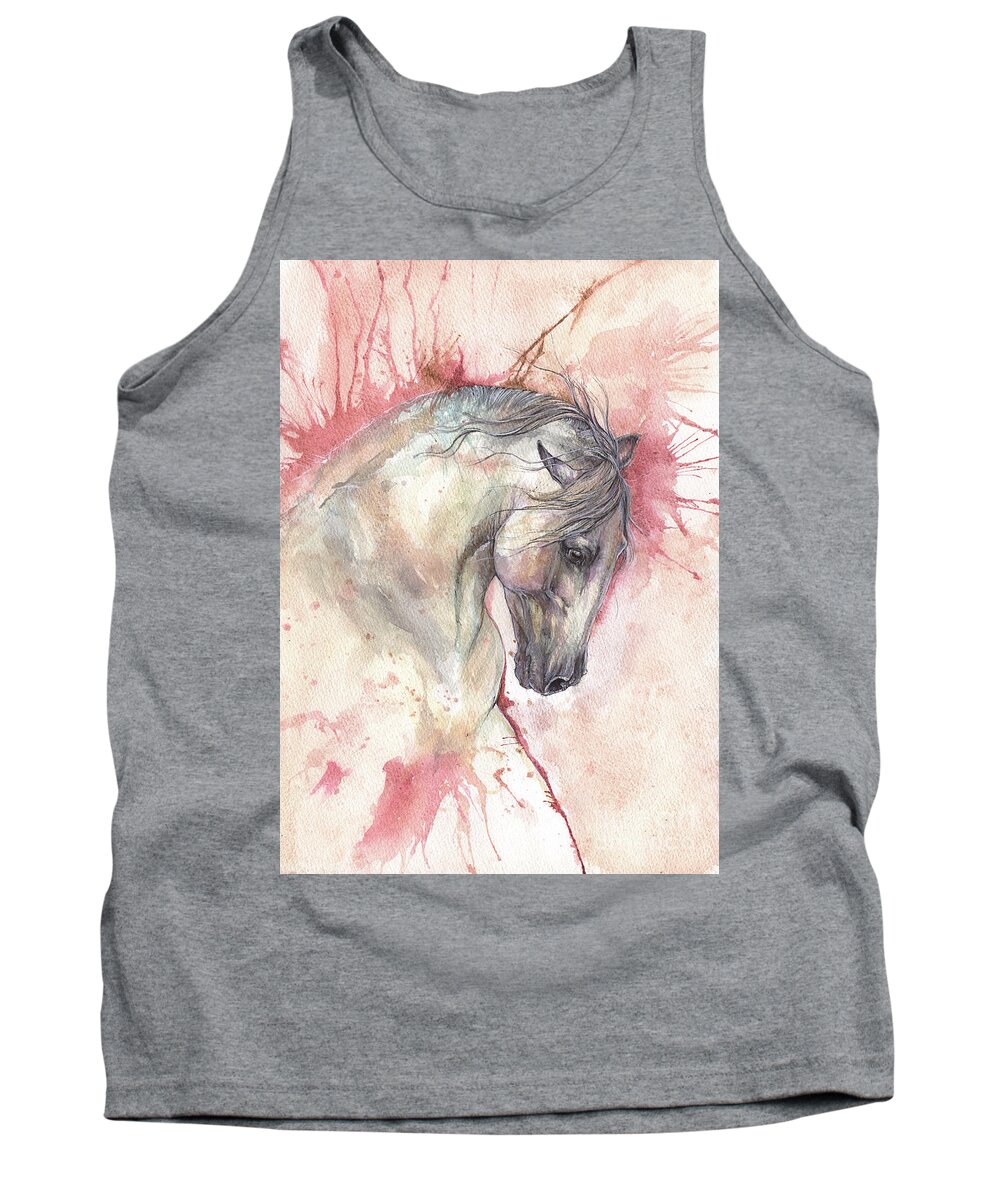 Horse Tank Top featuring the painting Grey Horse On Red Background by Ang El