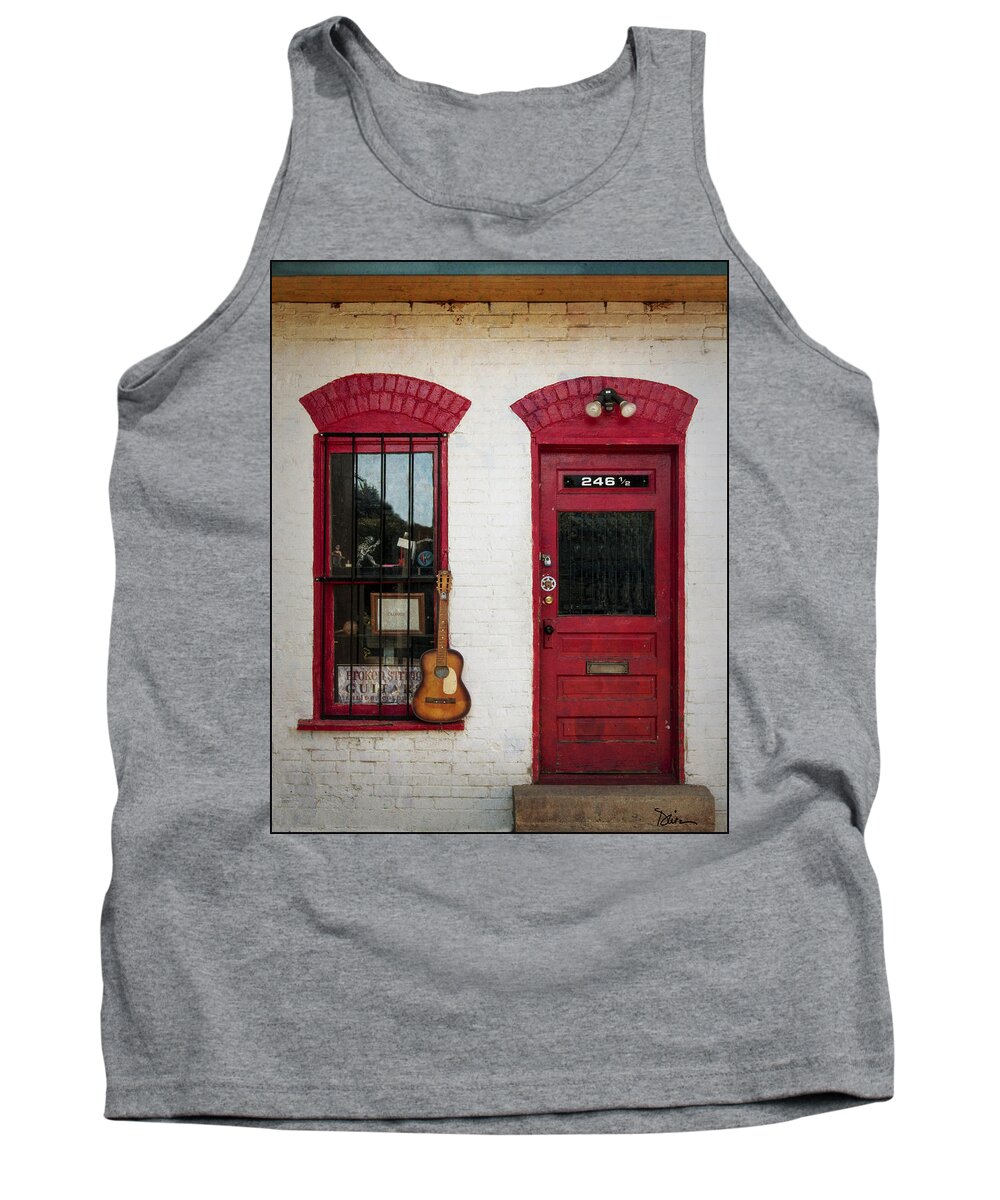 Red Tank Top featuring the photograph Guitar Store in Salida by Peggy Dietz