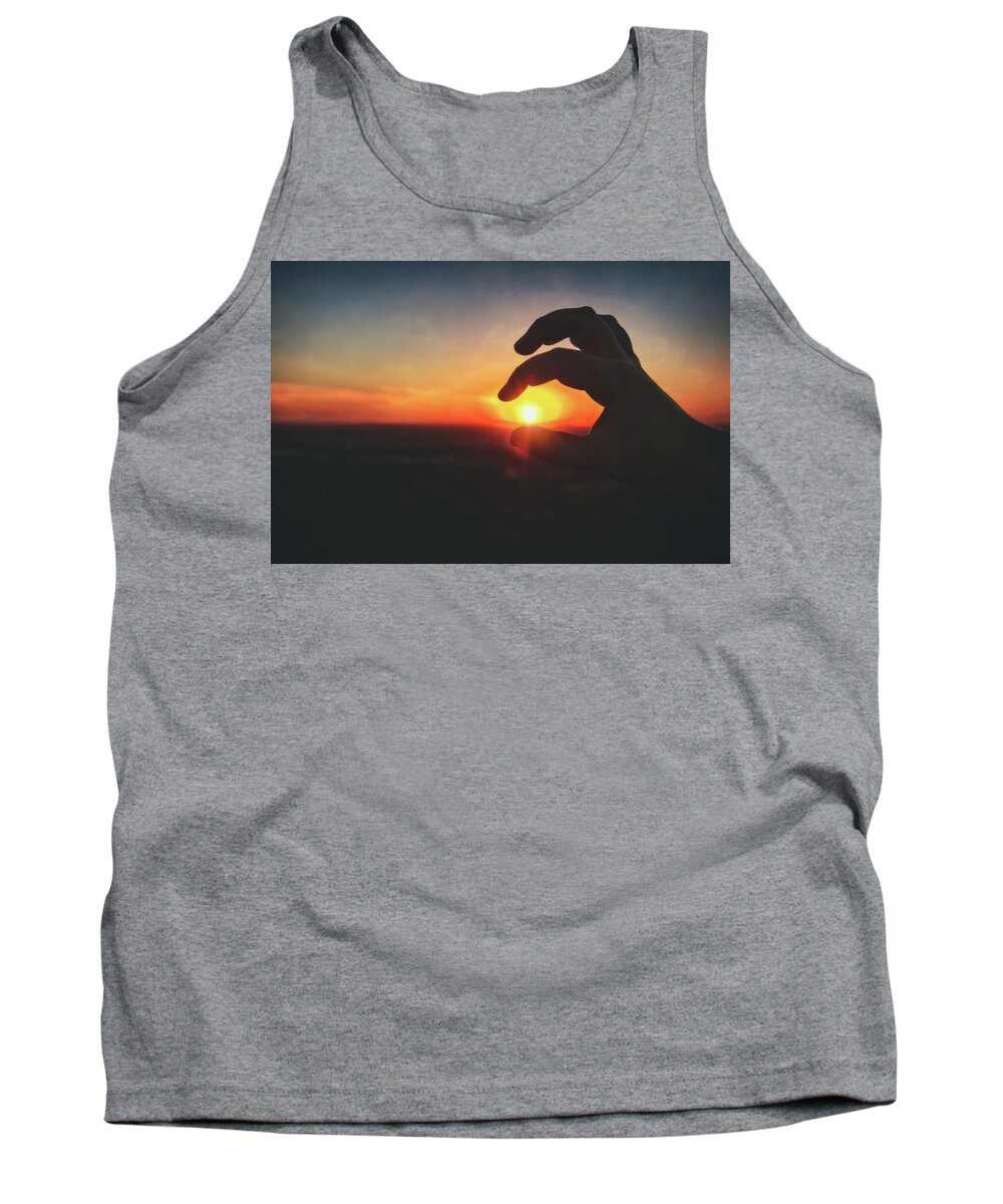 Fingers Around Sun Tank Top featuring the photograph Hand Silhouette around Sun - Sunset at Lapham Peak - Wisconsin by Jennifer Rondinelli Reilly - Fine Art Photography