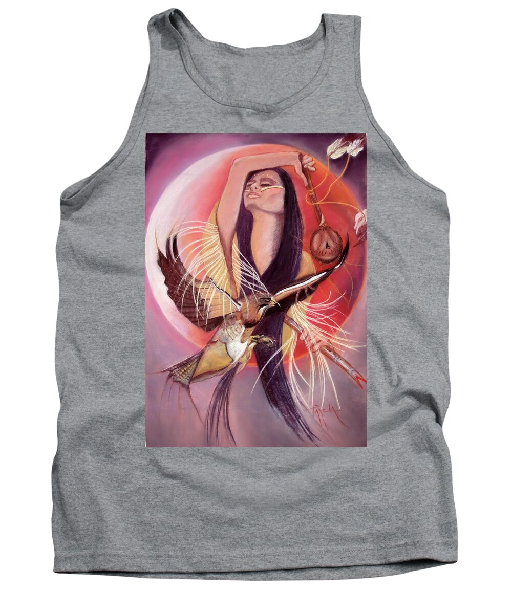 Indian Maiden ...a Blood Moon.....a Beautiful Male Hawk....hawk Rattle With Feathers...flute ...colors Are Red Tank Top featuring the pastel Hawk And The Blood Moon by Pamela Mccabe