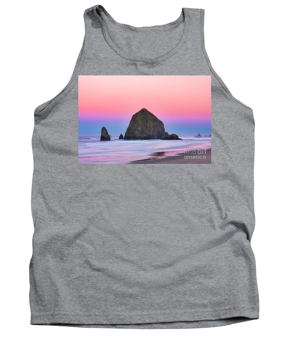 Haystack Rock Tank Top featuring the photograph Haystack Rock at dawn by Bruce Block