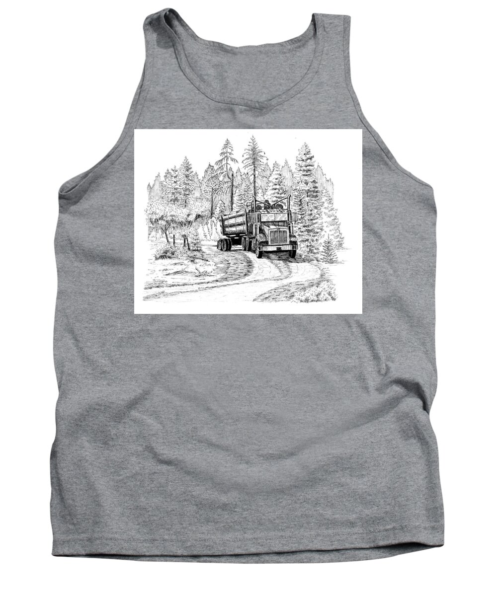 Log Truck Tank Top featuring the drawing Headed Out Loaded by Timothy Livingston