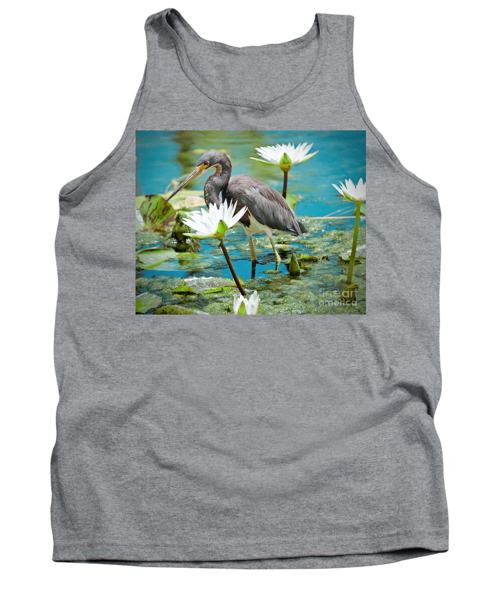 Birds Tank Top featuring the photograph Heron with Water Lillies by Judy Kay