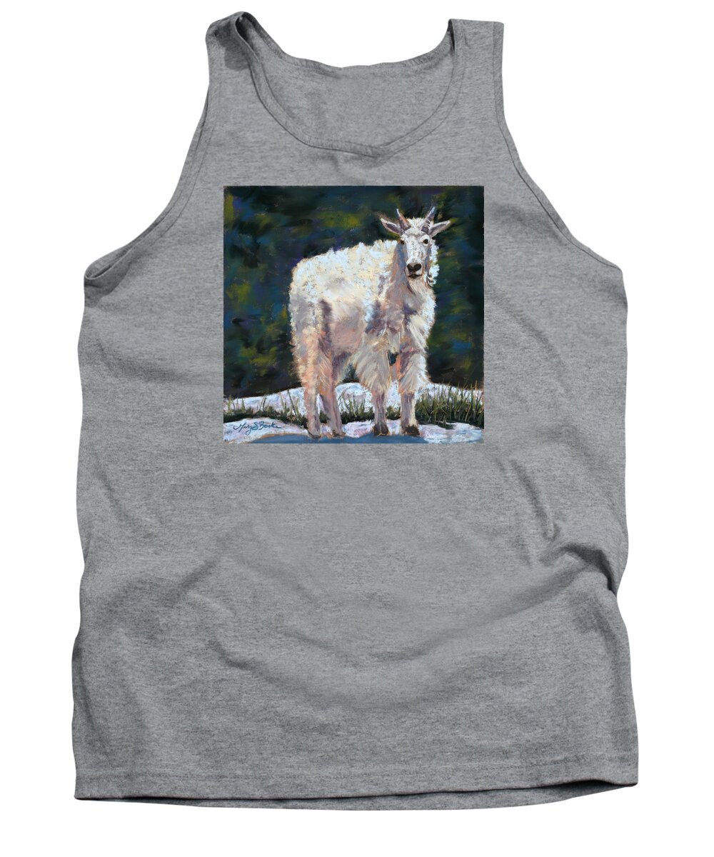 Mountain Goat Tank Top featuring the painting High Country Friend by Mary Benke