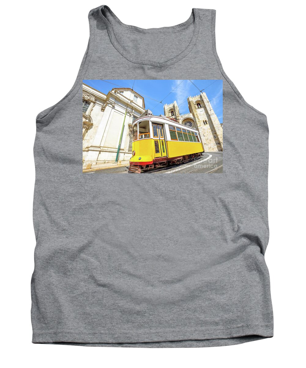 Lisbon Tank Top featuring the photograph Historic tram and Lisbon Cathedral by Benny Marty