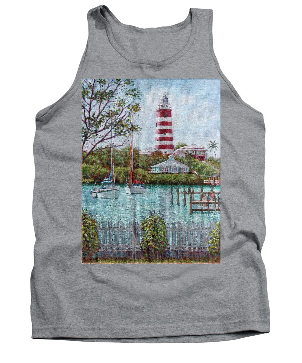 Hope Town Tank Top featuring the painting Hope Town Lighthouse by Ritchie Eyma