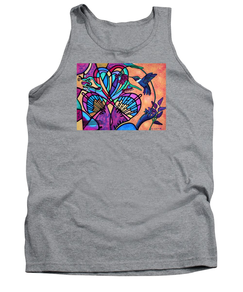 Greeting Cards Tank Top featuring the painting Hummingbird and Stained Glass Hearts by Lori Miller