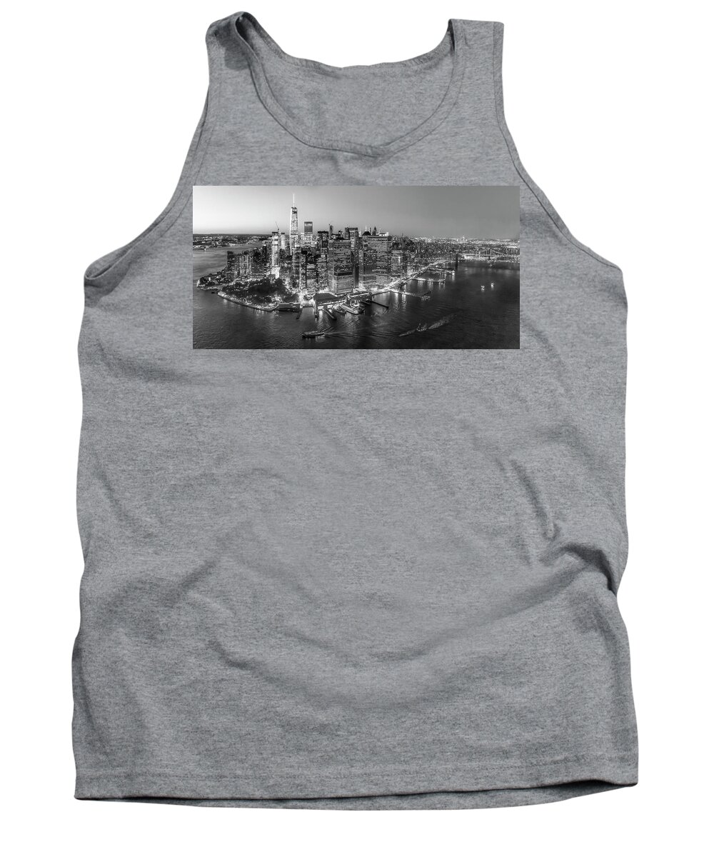 Aerial View Tank Top featuring the photograph Illuminated Lower Manhattan NYC BW by Susan Candelario