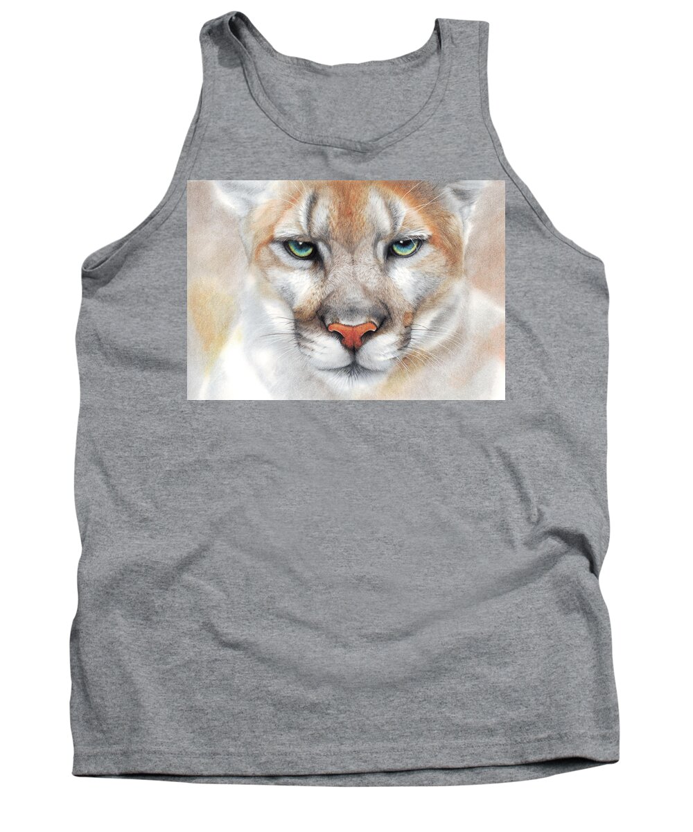 Mountain Lion Tank Top featuring the drawing Intensity - mountain lion - puma by Peter Williams