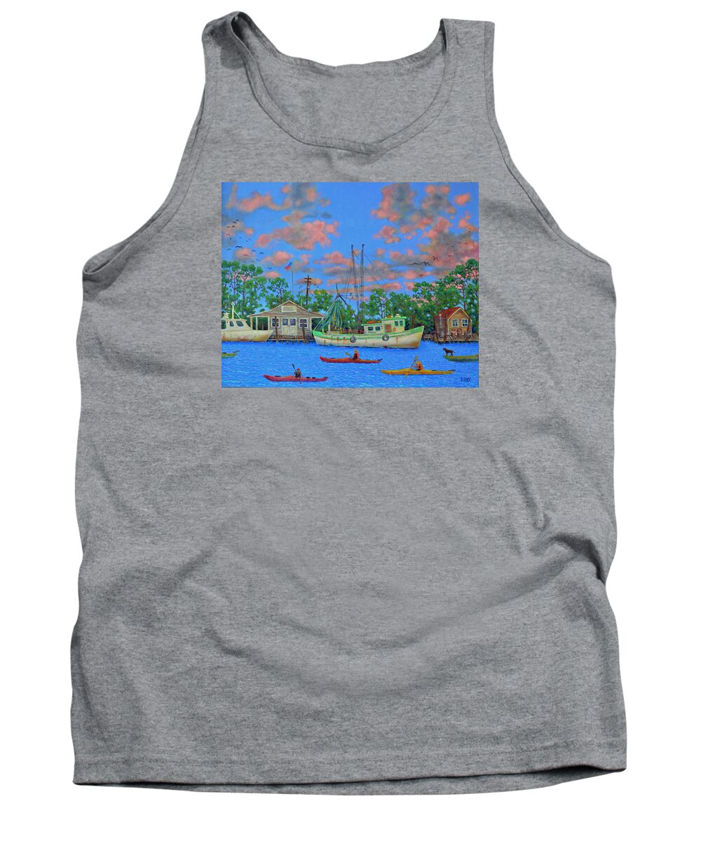 Kayaks Tank Top featuring the painting kayaks on the Creek by Dwain Ray