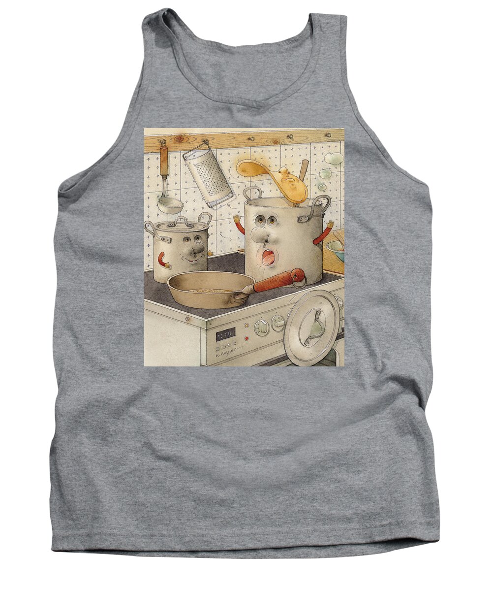 Kitchen Food Accident White Pan Pot Cooker Cooking Tank Top featuring the painting Kitchen by Kestutis Kasparavicius
