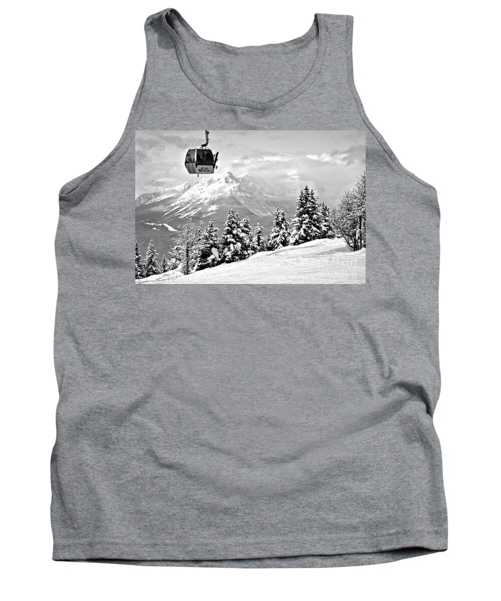 Lake Louise Tank Top featuring the photograph Lake Louise Gondola Over The Snow Ghosts Black And White by Adam Jewell