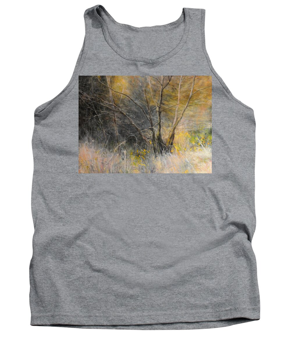 Landscape Tank Top featuring the painting Light behind trees. by Harry Robertson