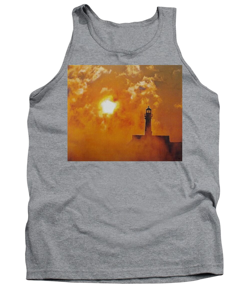 Lighthouse Tank Top featuring the painting Lighthouse in Mist by Cara Frafjord