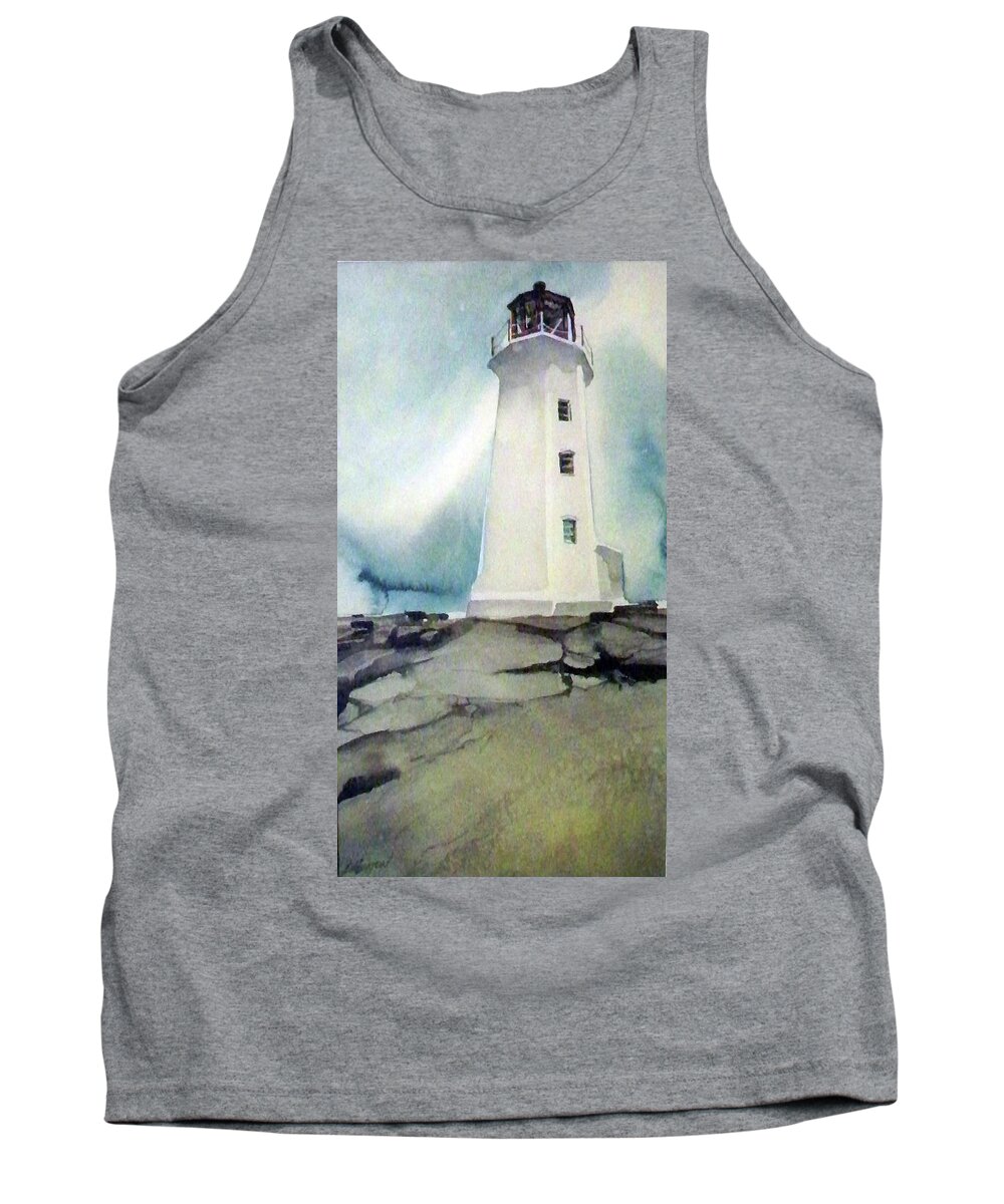 Outdoors Ocean Travel Holidays Light Sky  Tank Top featuring the painting Lighthouse Rock by Ed Heaton
