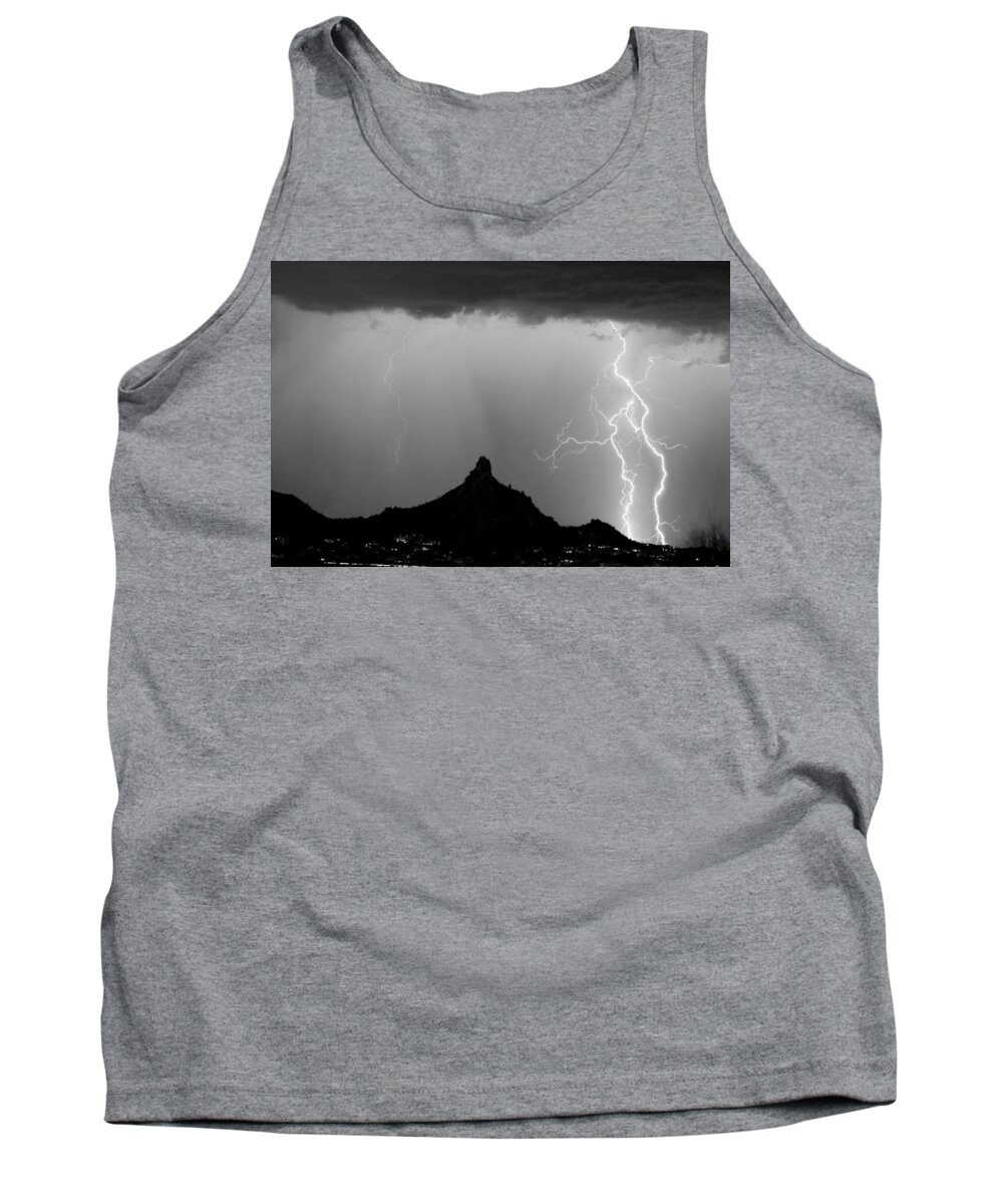 Pinnacle Peak Tank Top featuring the photograph Lightning Thunderstorm at Pinnacle Peak BW by James BO Insogna