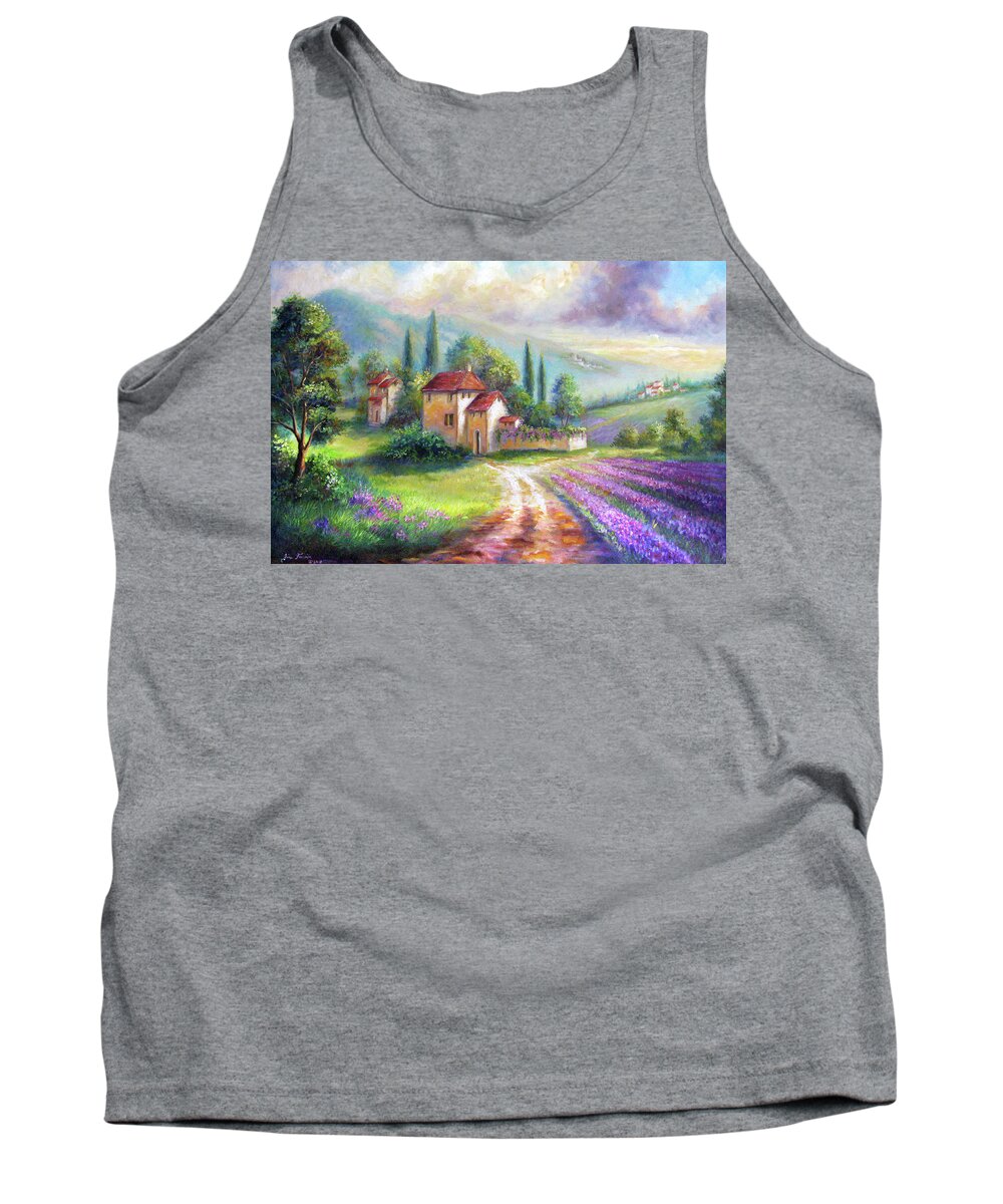 Landscape Tank Top featuring the painting Lilac Fields in the Italian countryside  by Regina Femrite