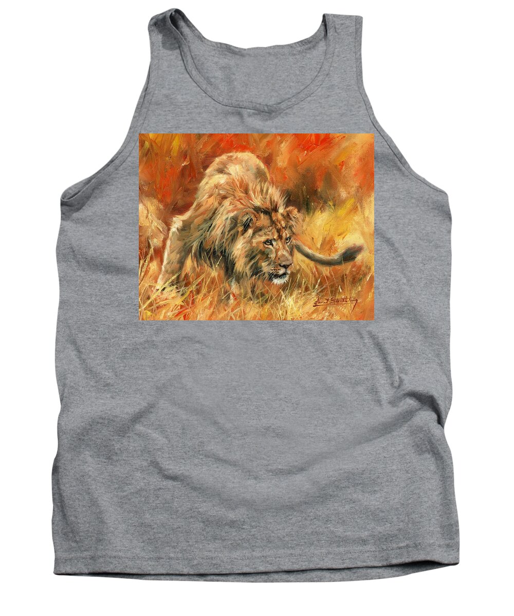 Lion Tank Top featuring the painting Lion Alert by David Stribbling